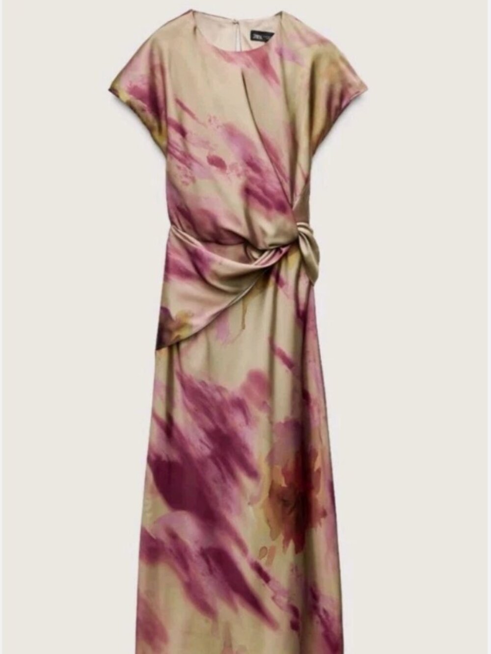 Zara Tie Dye Satin Maxi Dress Short Cap Sleeve Keyhole Back Woman's Large